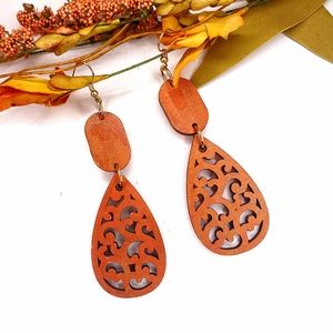 Rusty Orange Earrings  Wooden,Handpainted Artisan,aprox.3 in dangle Autumn